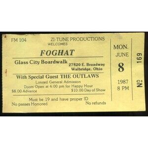Vintage 1987 Foghat Outlaws Concert Ticket Stub Walbridge OH
